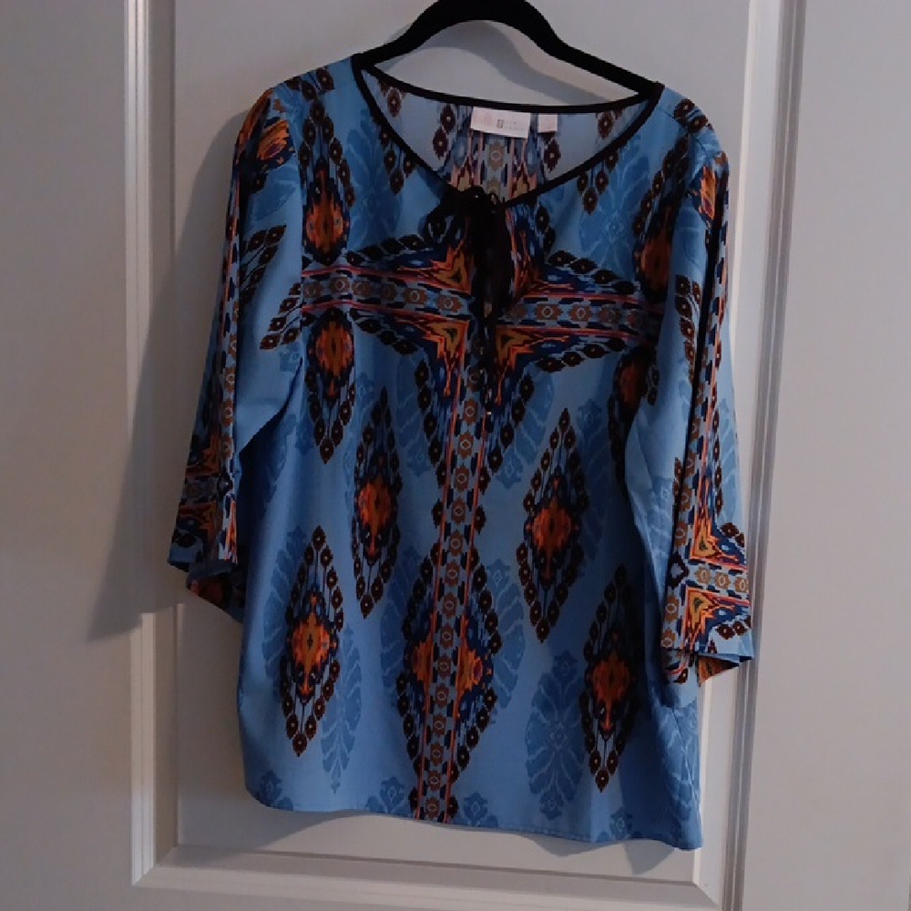 Blue and Orange Relaxed Blouse with Rounded Neckline and Three-Quarter Sleeves